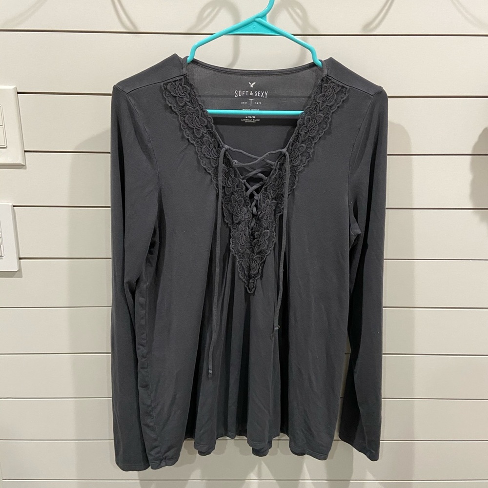 AE Soft & Sexy Long Sleeve Floral Lace Tie Blouse